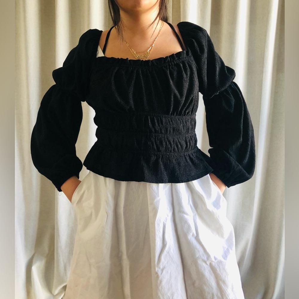 Astr Black Smocked Puff Sleeve Blouse